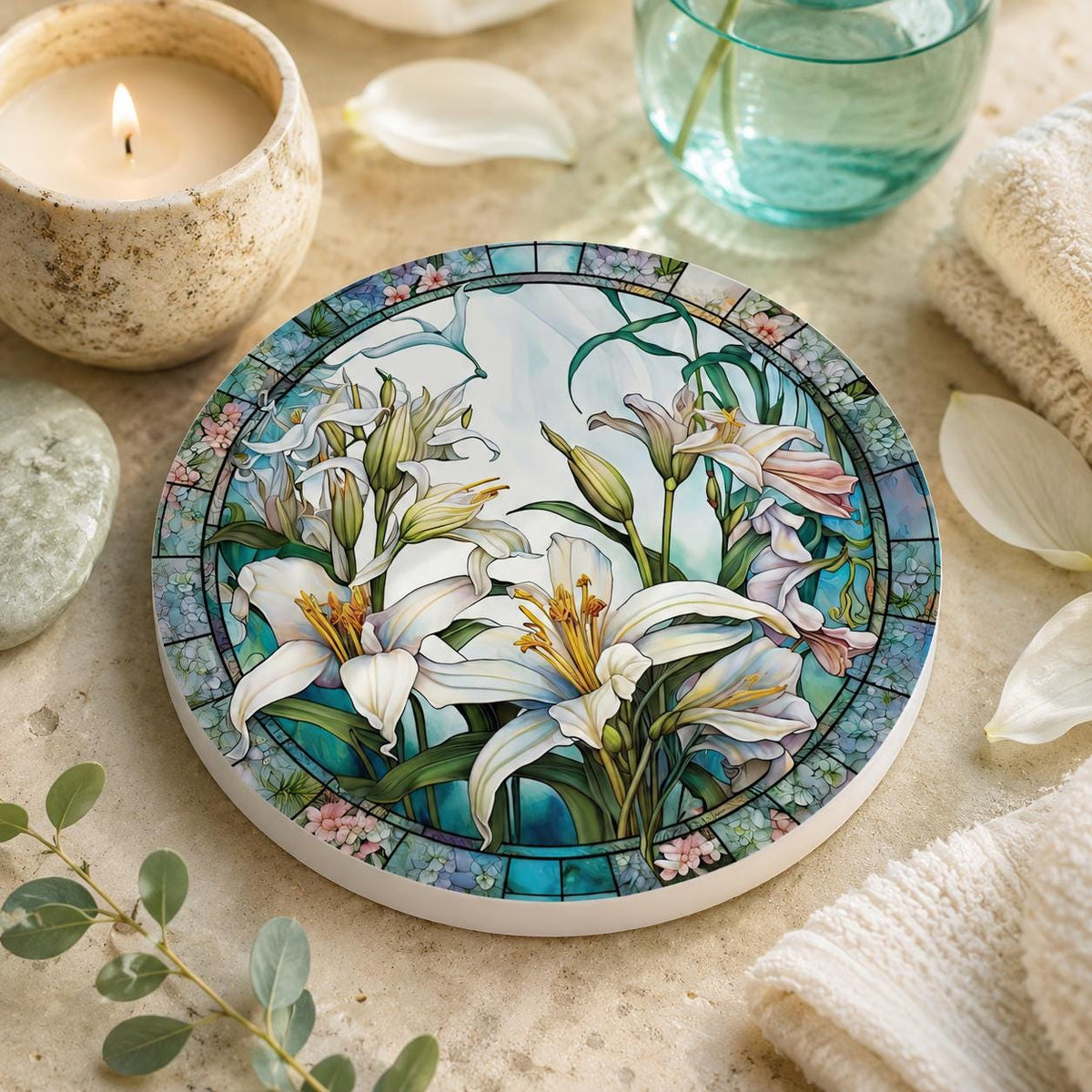 White Lily Ceramic Coaster, Round Floral Drink Mat, Botanical Garden Decor