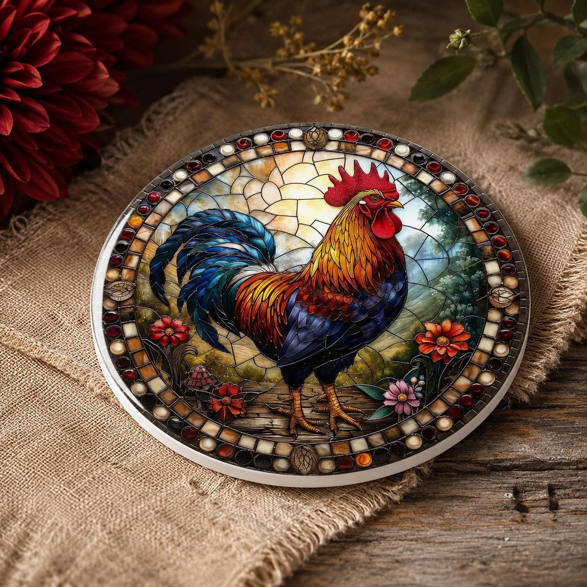 Rooster Coaster, Colorful Ceramic Drink Mat for Farmhouse Decor