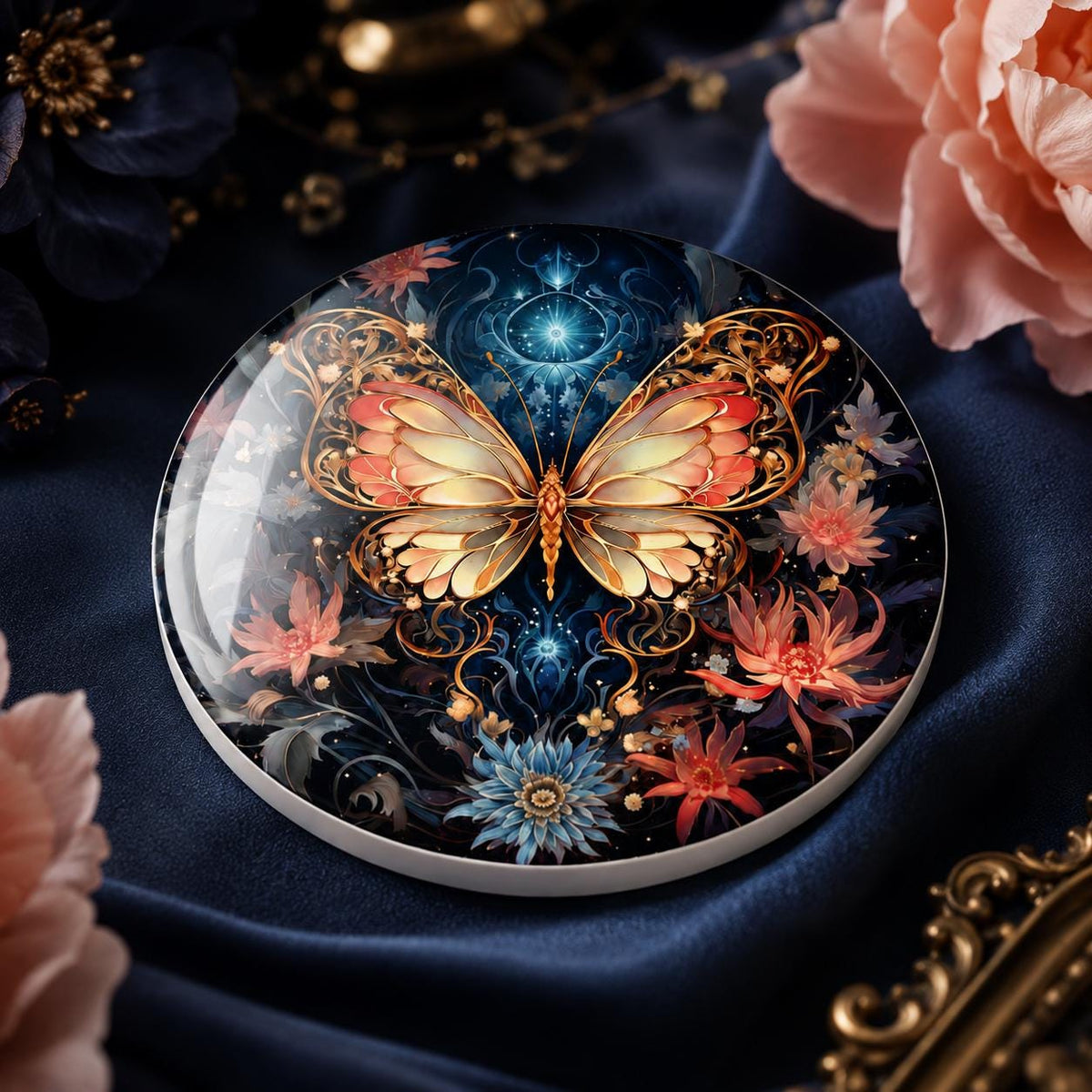 Butterfly Ceramic Coaster, Celestial Floral Decor, Garden Lover Gift, Elegant Home Accent