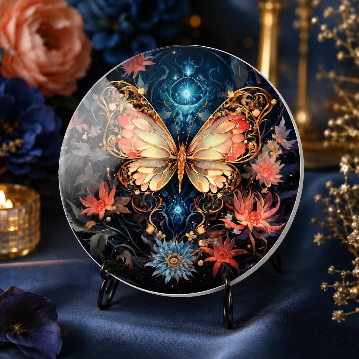 Butterfly Ceramic Coaster, Celestial Floral Decor, Garden Lover Gift, Elegant Home Accent