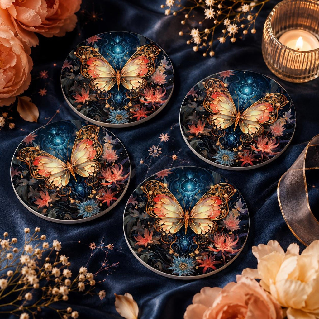 Butterfly Ceramic Coaster, Celestial Floral Decor, Garden Lover Gift, Elegant Home Accent