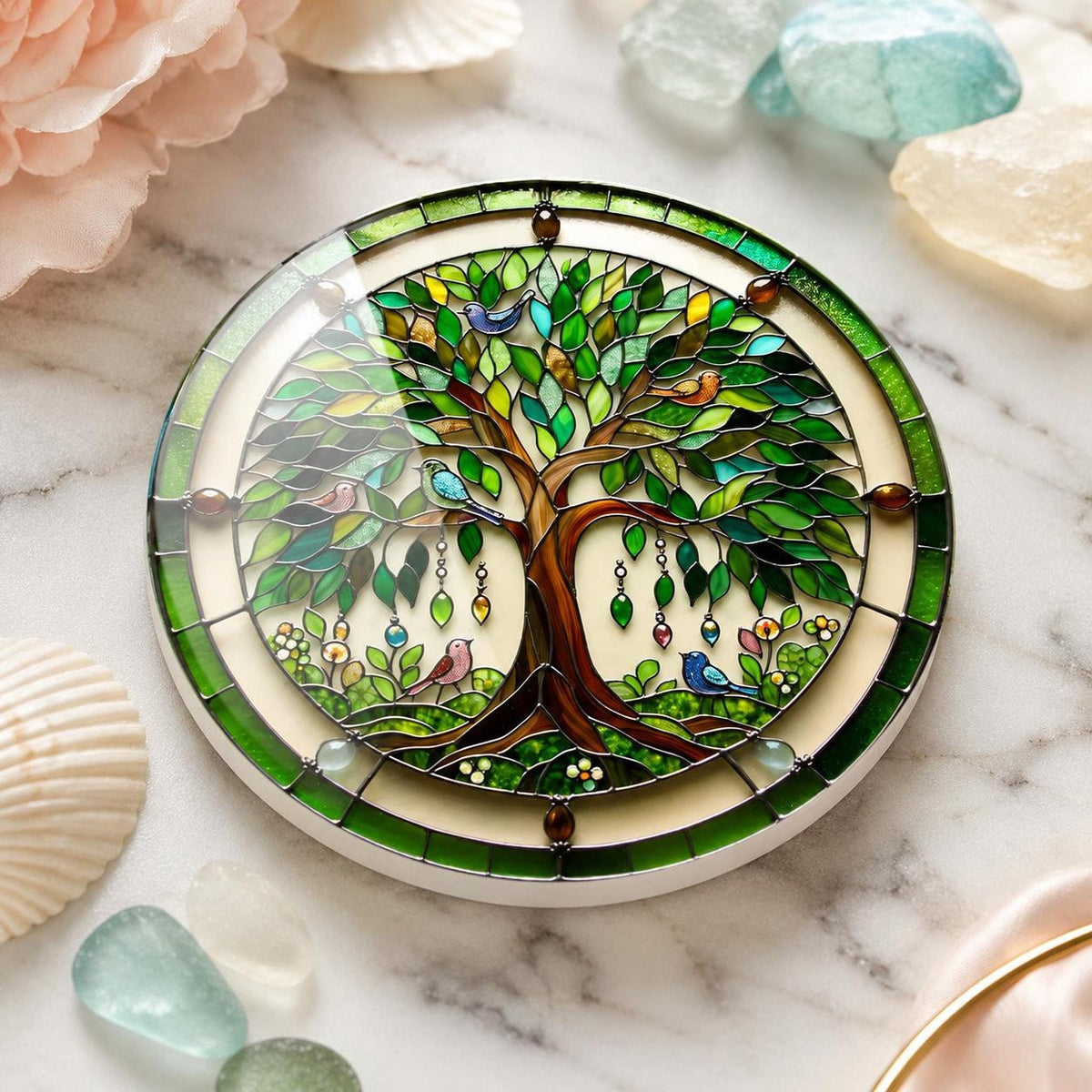 Tree Of Life Ceramic Coaster, Botanical Bird Design with Glossy or Matte Finish