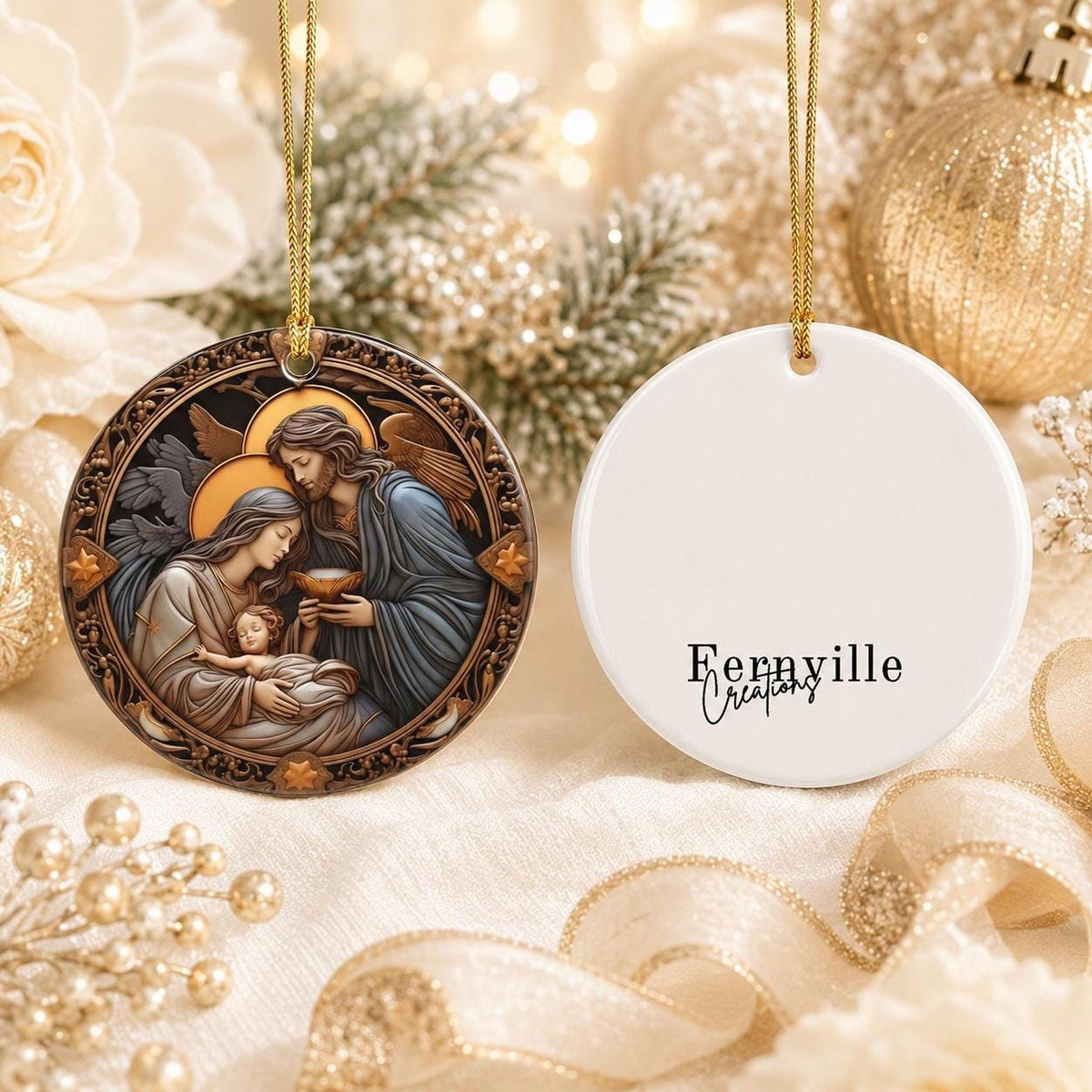 Ceramic Ornament, 3-Inch Holy Family Nativity Keepsake with Personalized Back