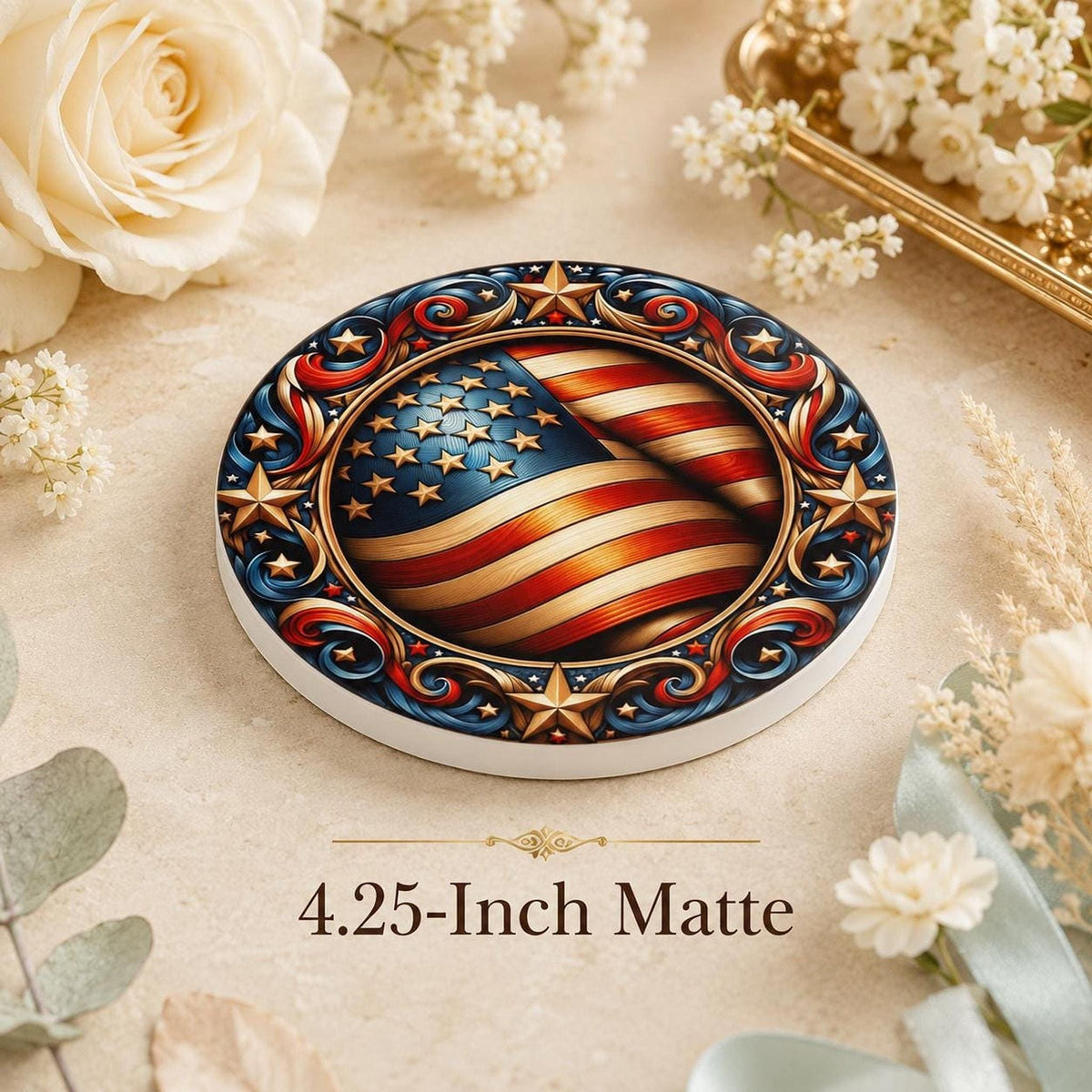 Ceramic Coaster, Ornate American Flag Design with Glossy or Matte Finish