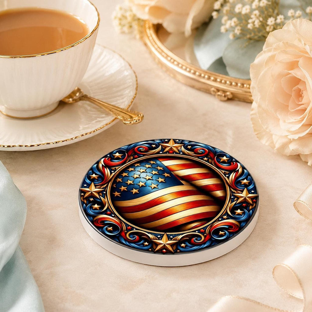 Ceramic Coaster, Ornate American Flag Design with Glossy or Matte Finish