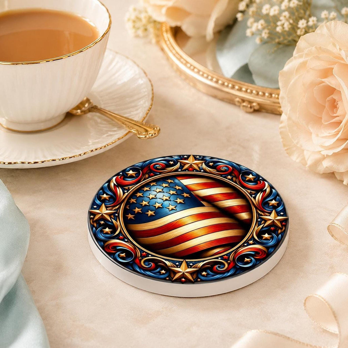 Ceramic Coaster, Ornate American Flag Design with Glossy or Matte Finish