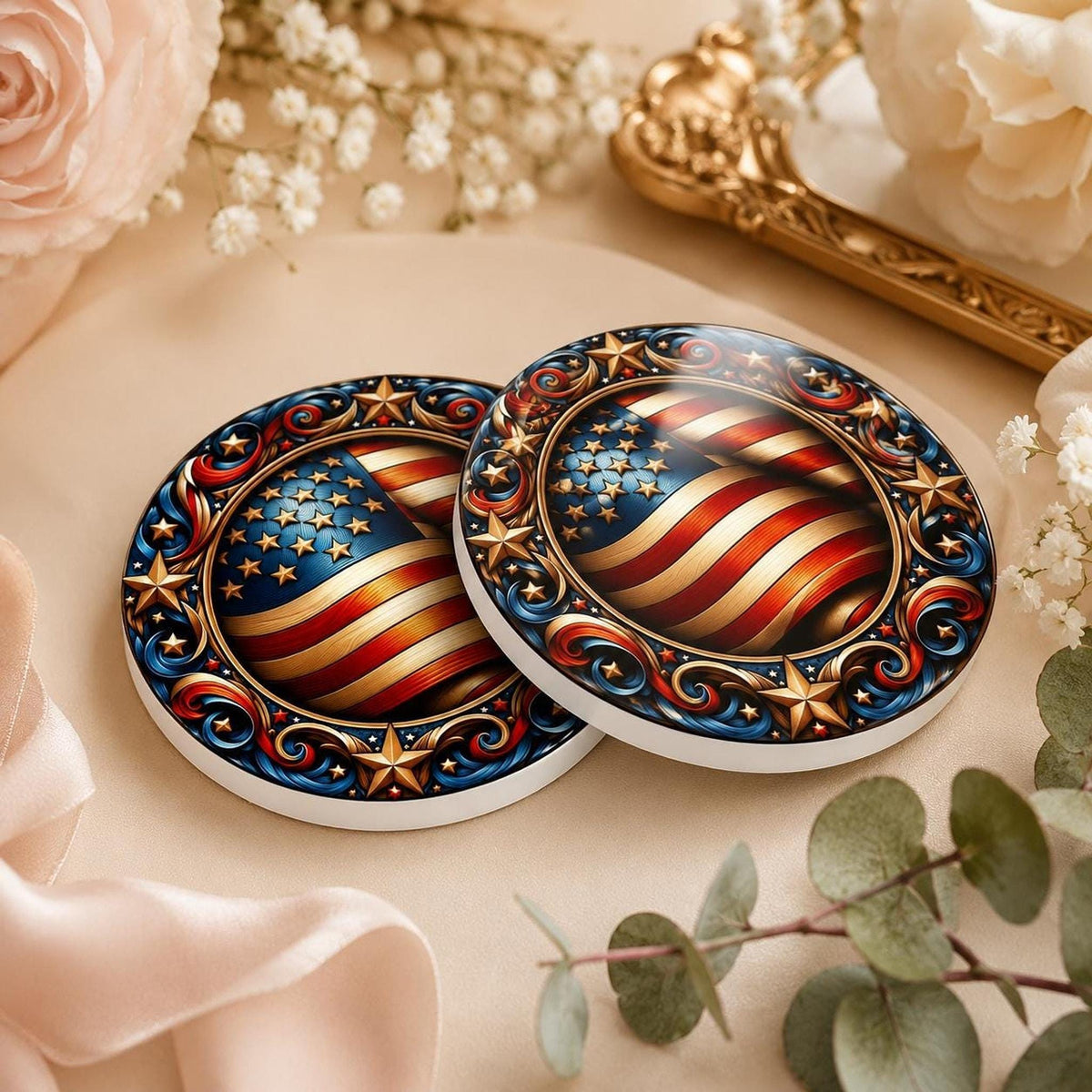 Ceramic Coaster, Ornate American Flag Design with Glossy or Matte Finish