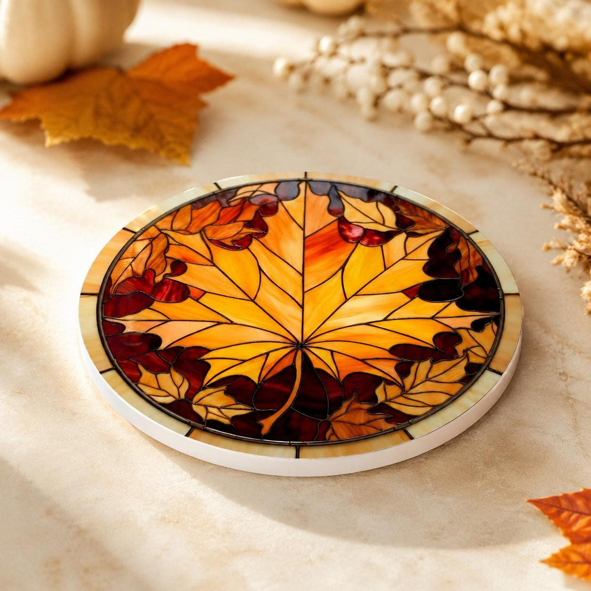 Maple Leaf Coaster, Ceramic Fall Table Accent with Glossy or Matte Finish