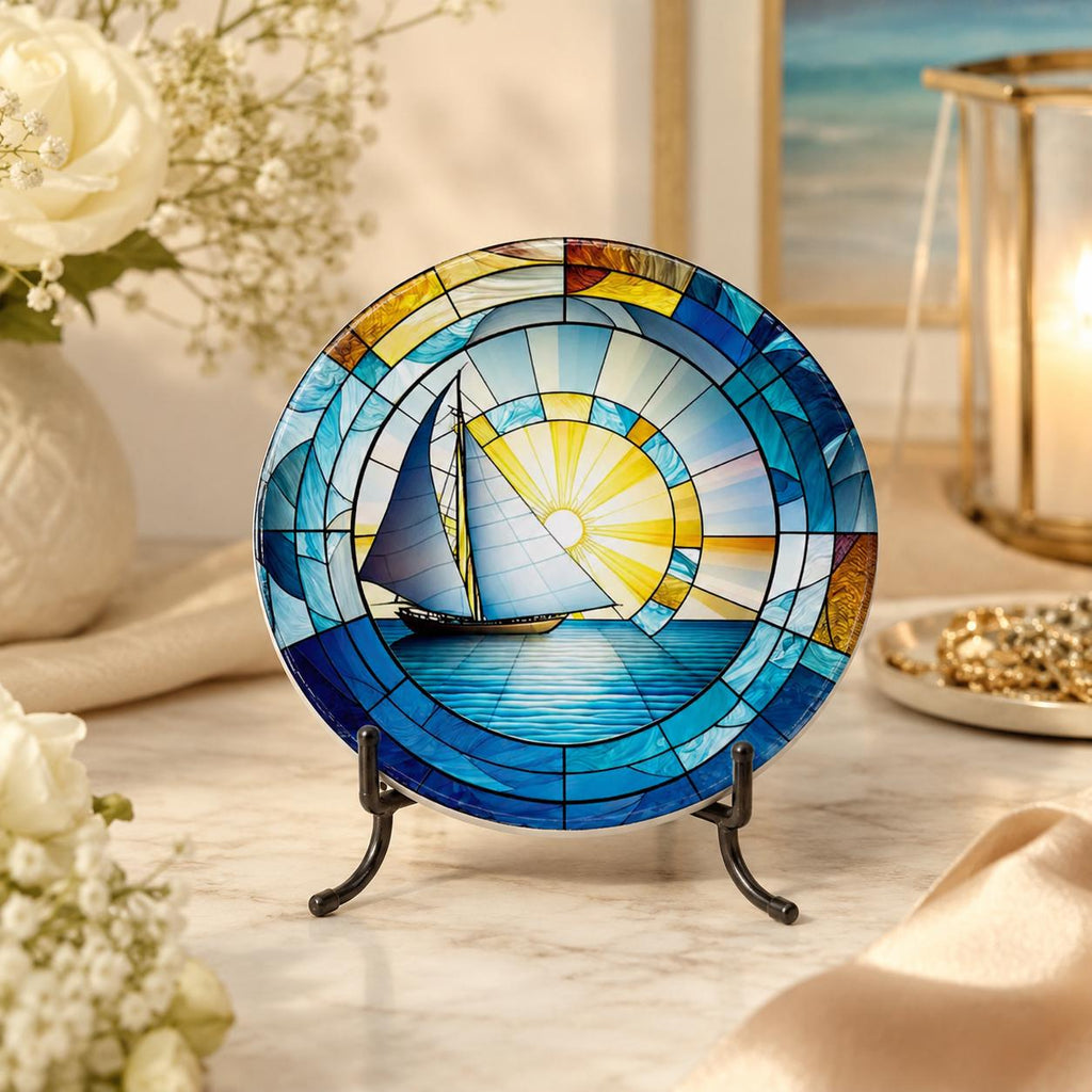 Sailboat Ceramic Coaster, Coastal Sun Decor, Nautical Drink Holder
