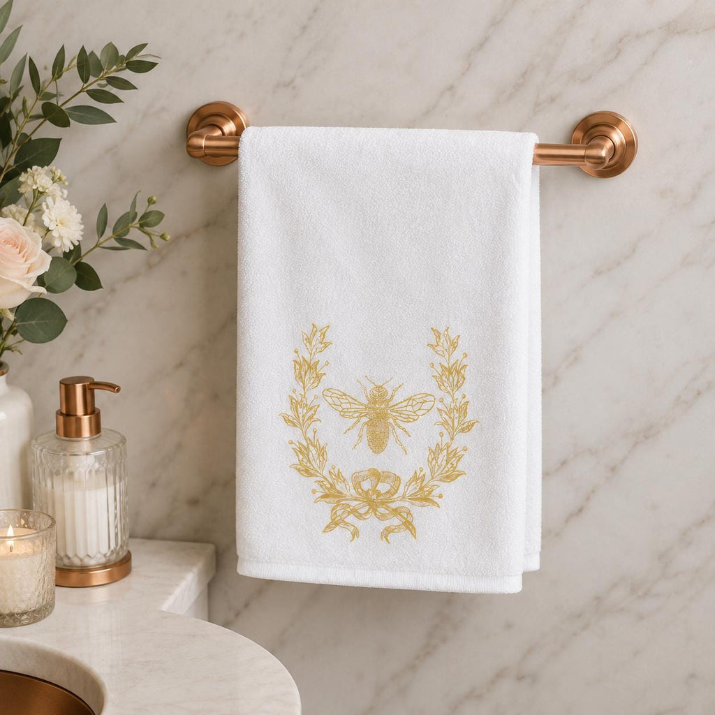 Gold Bee Decor Fingertip Towel, Elegant Botanical Accent for Guest Bath
