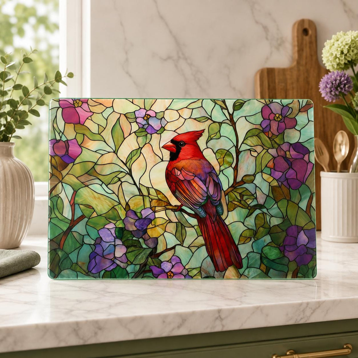 Cutting Board with Cardinal Design, Floral Charcuterie Tray in Tempered Glass