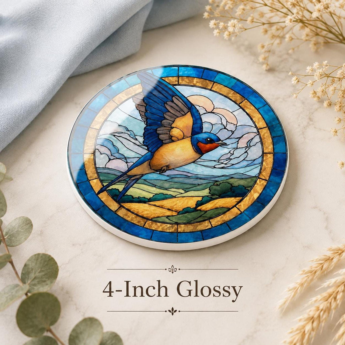 Ceramic Coaster With Swallow Bird Art, Blue Gold Stained-Glass-Inspired Design