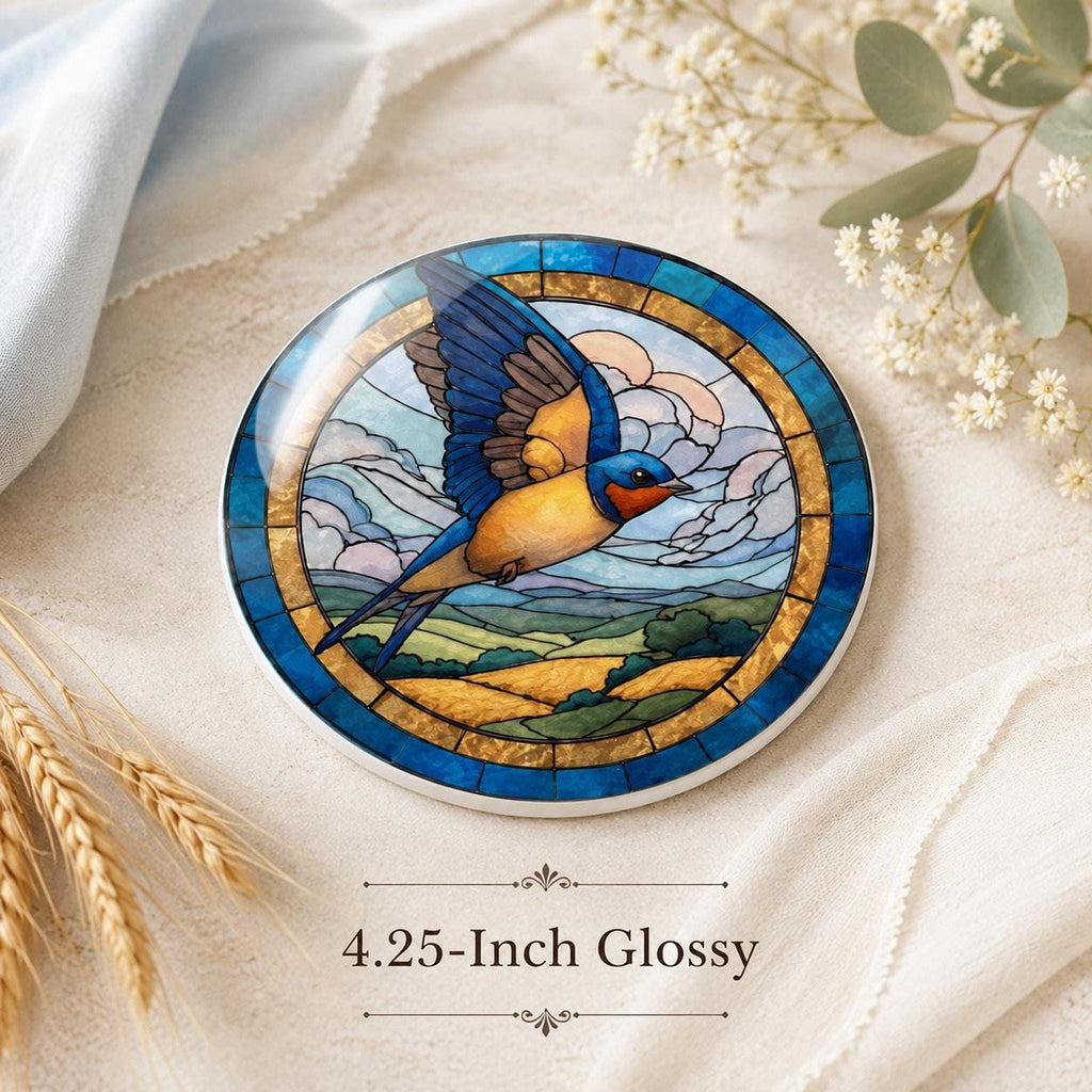 Ceramic Coaster With Swallow Bird Art, Blue Gold Stained-Glass-Inspired Design