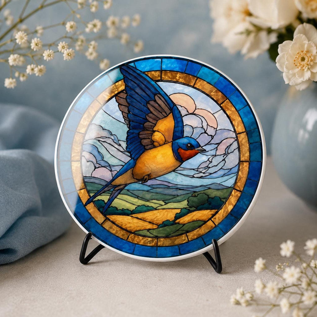 Ceramic Coaster With Swallow Bird Art, Blue Gold Stained-Glass-Inspired Design