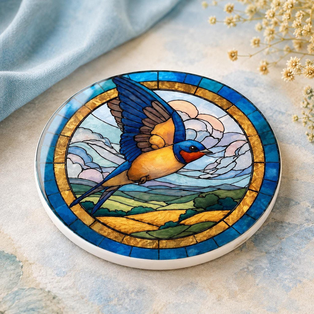 Ceramic Coaster With Swallow Bird Art, Blue Gold Stained-Glass-Inspired Design