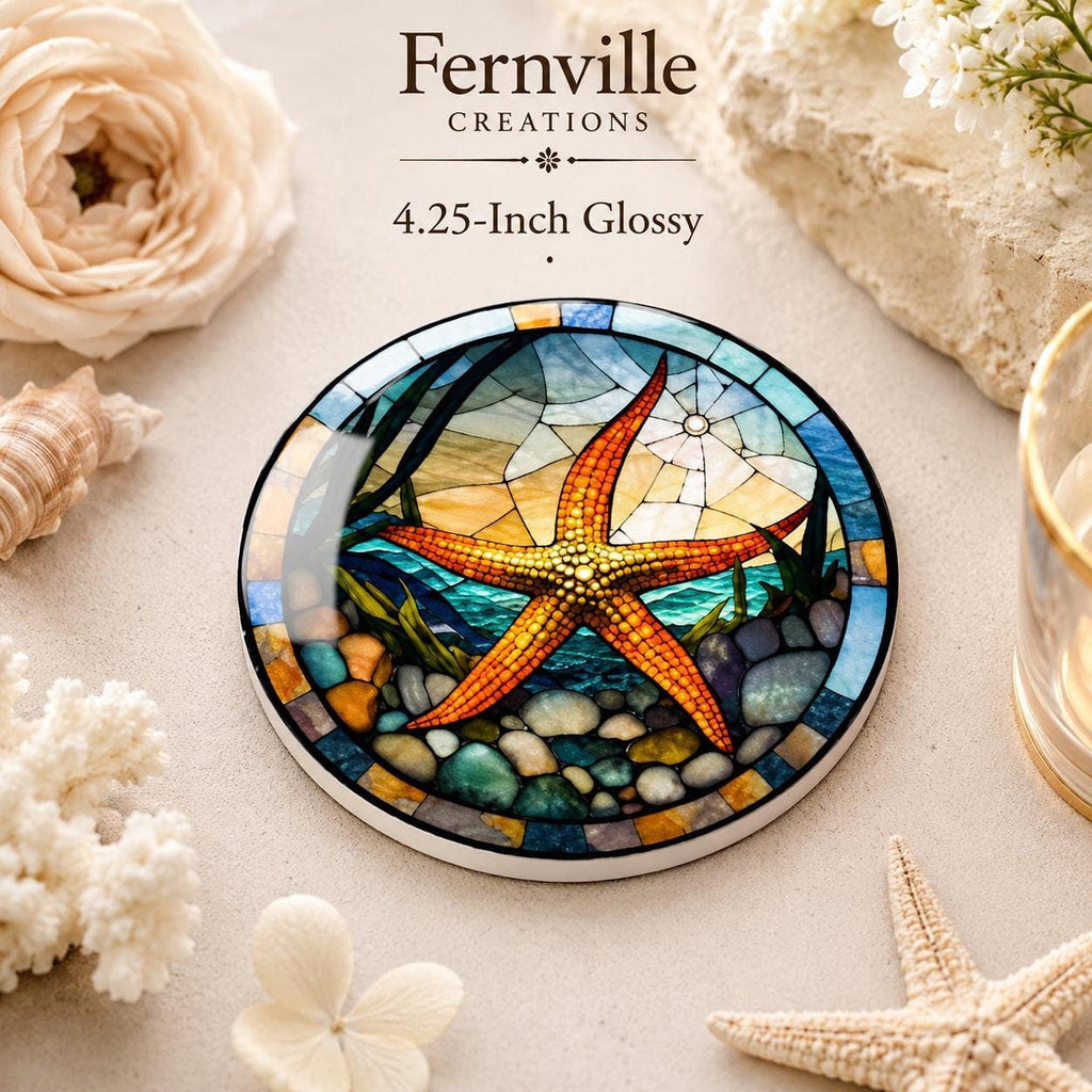 Starfish Ceramic Coaster, Stained Glass Coastal Decor, Ocean Lover Gift, Beach House Accent
