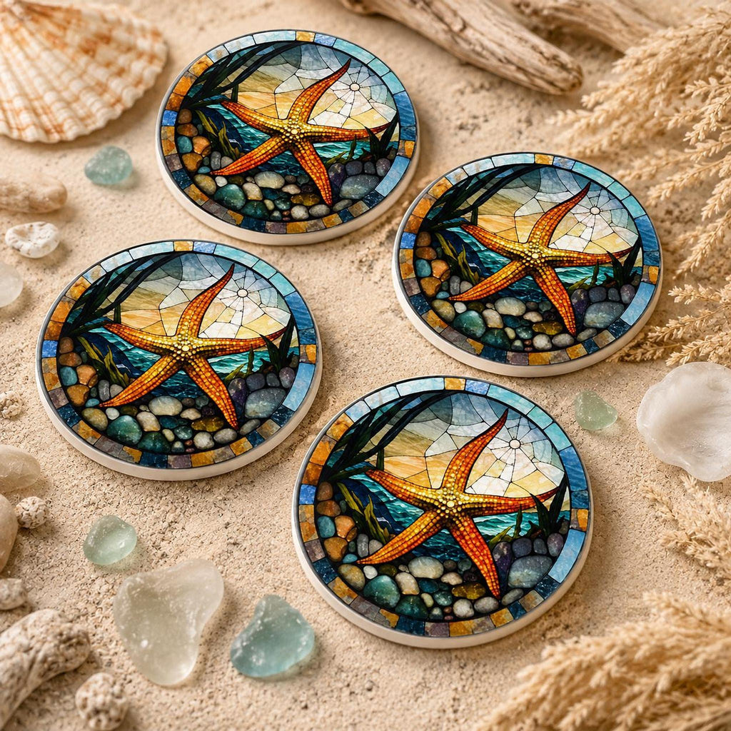 Starfish Ceramic Coaster, Stained Glass Coastal Decor, Ocean Lover Gift, Beach House Accent