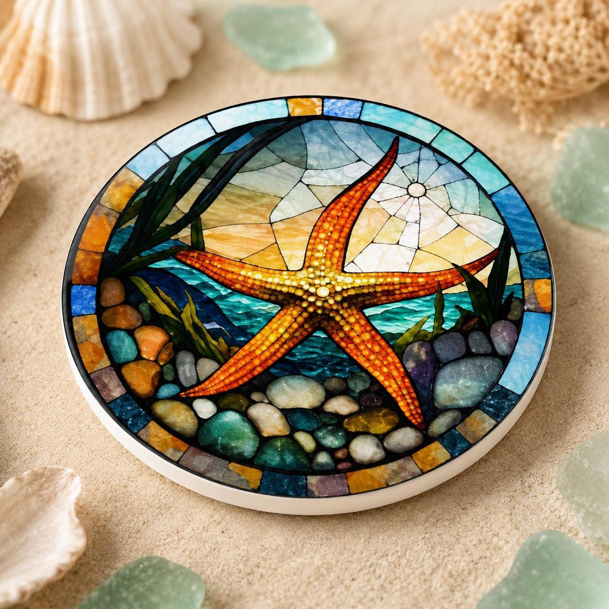 Starfish Ceramic Coaster, Stained Glass Coastal Decor, Ocean Lover Gift, Beach House Accent