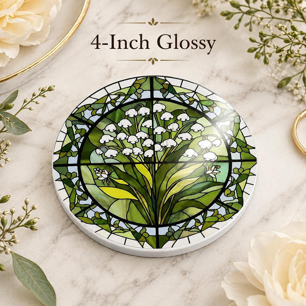 Lily of the Valley Ceramic Coaster, Stained Glass Floral Decor, Botanical Flower Lover Gift