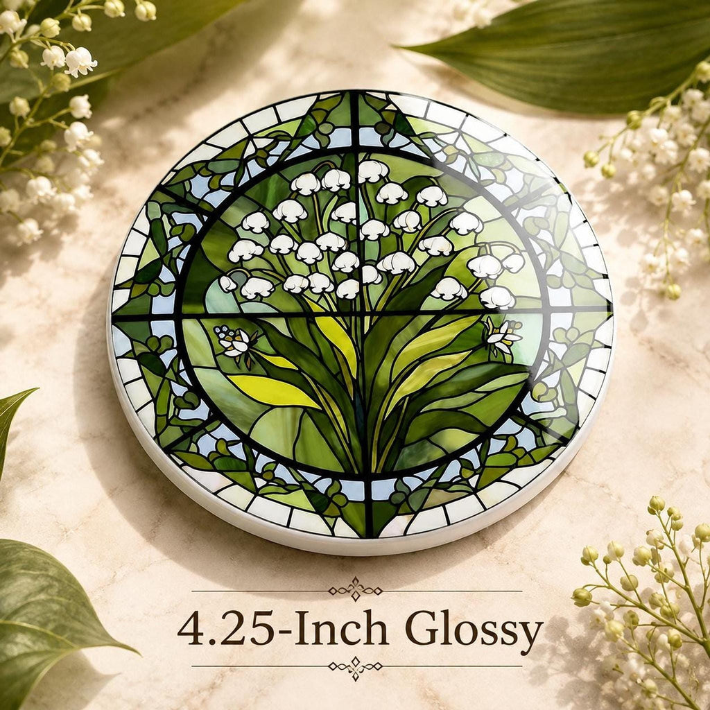 Lily of the Valley Ceramic Coaster, Stained Glass Floral Decor, Botanical Flower Lover Gift