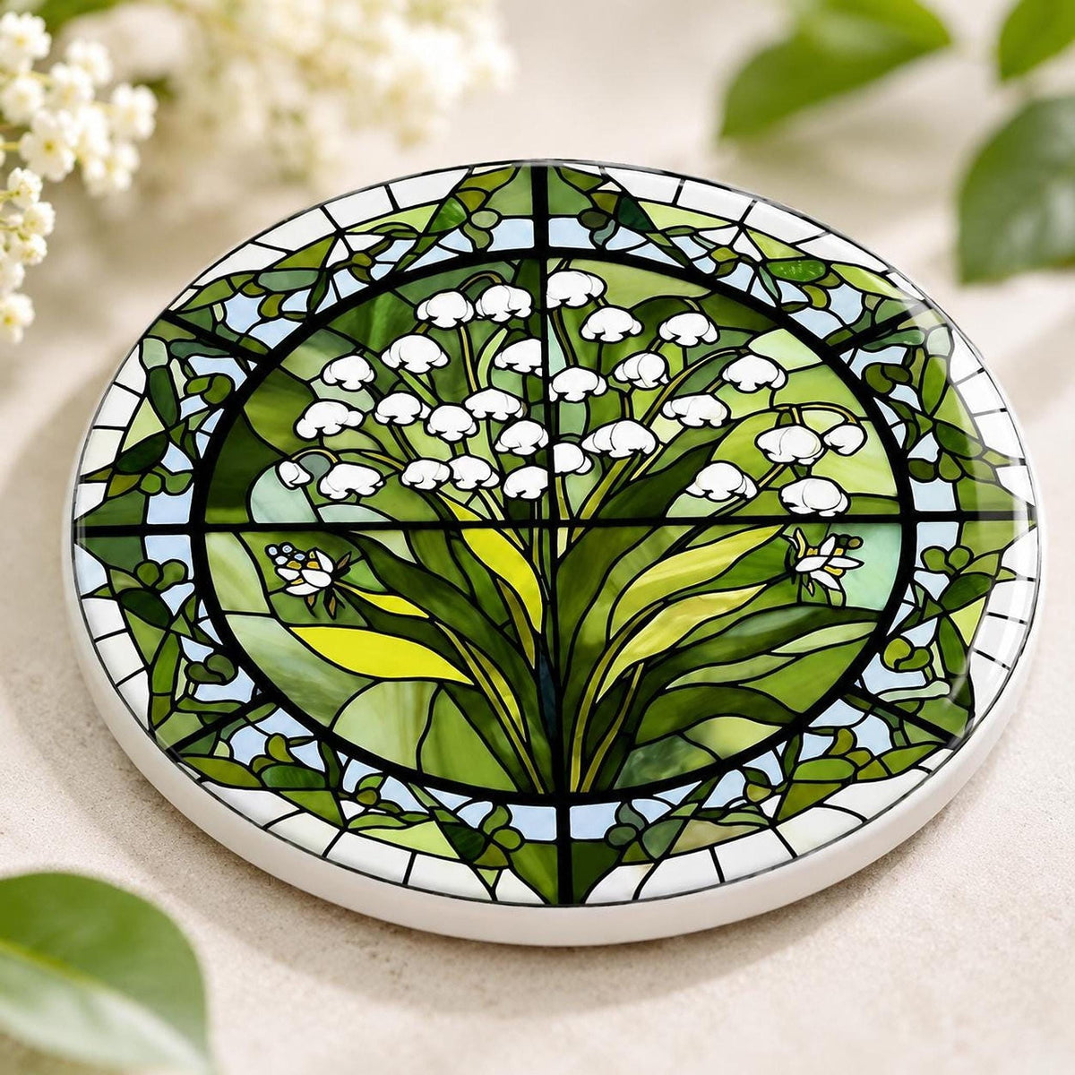 Lily of the Valley Ceramic Coaster, Stained Glass Floral Decor, Botanical Flower Lover Gift