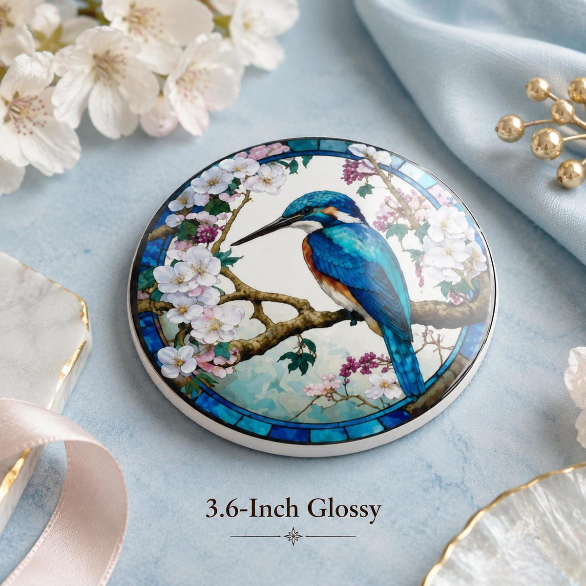 Nature Table Decor Kingfisher Ceramic Coaster, Floral Blue Bird Design