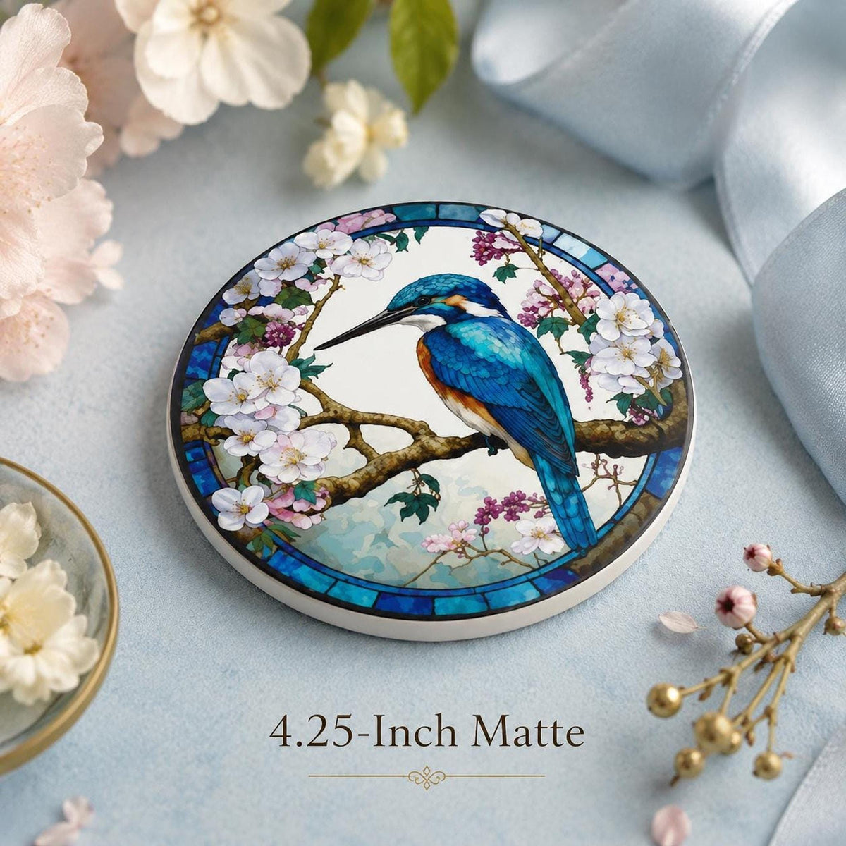 Nature Table Decor Kingfisher Ceramic Coaster, Floral Blue Bird Design