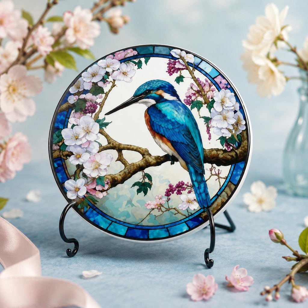 Nature Table Decor Kingfisher Ceramic Coaster, Floral Blue Bird Design