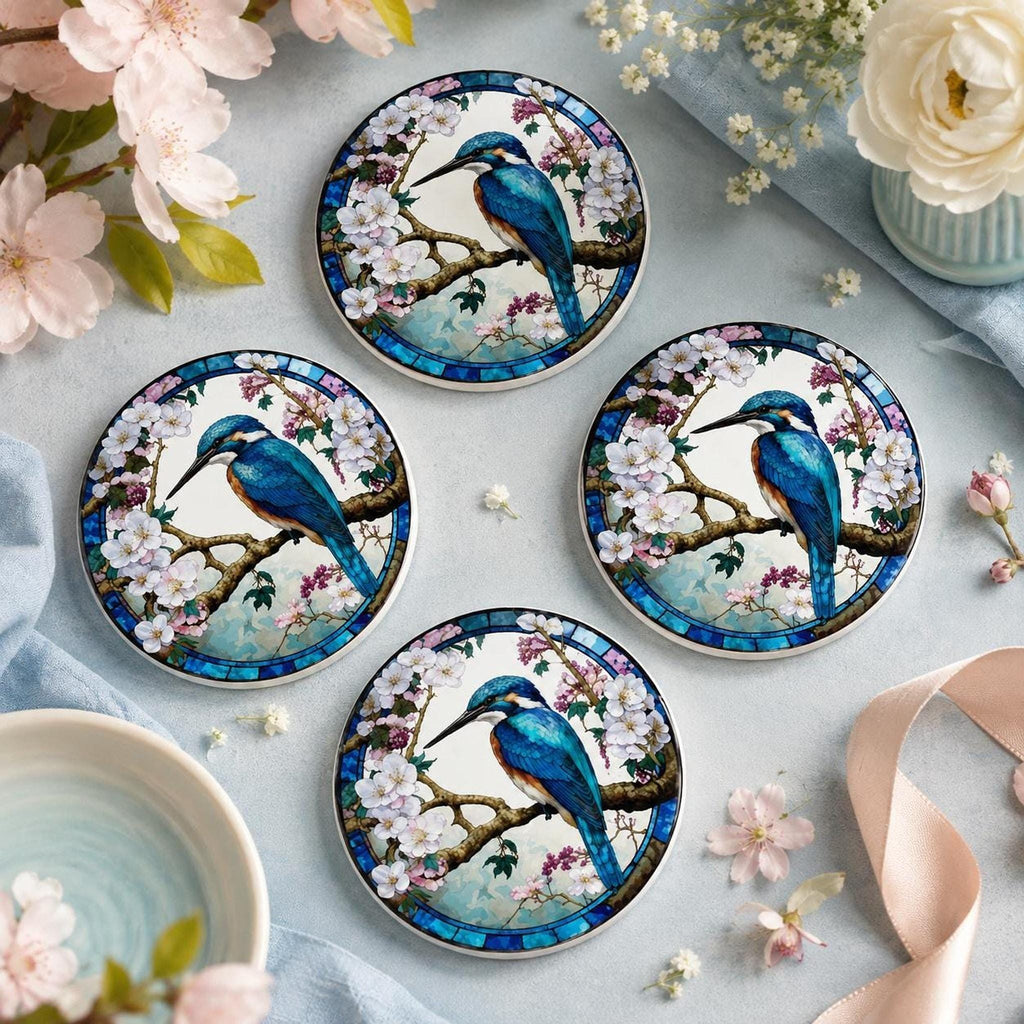 Nature Table Decor Kingfisher Ceramic Coaster, Floral Blue Bird Design