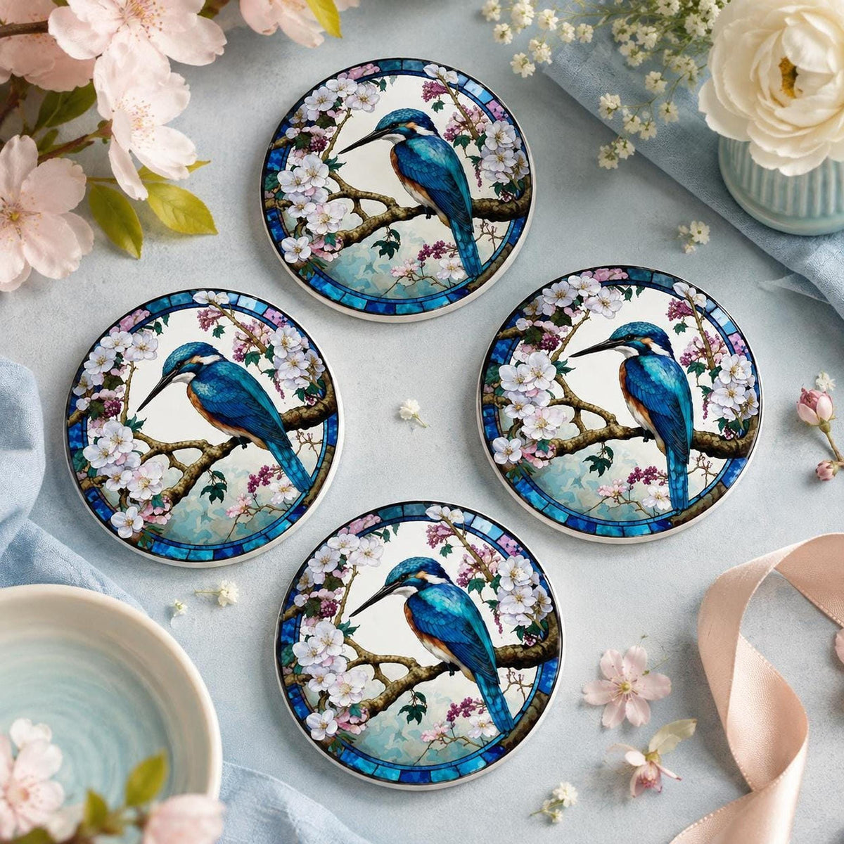 Nature Table Decor Kingfisher Ceramic Coaster, Floral Blue Bird Design