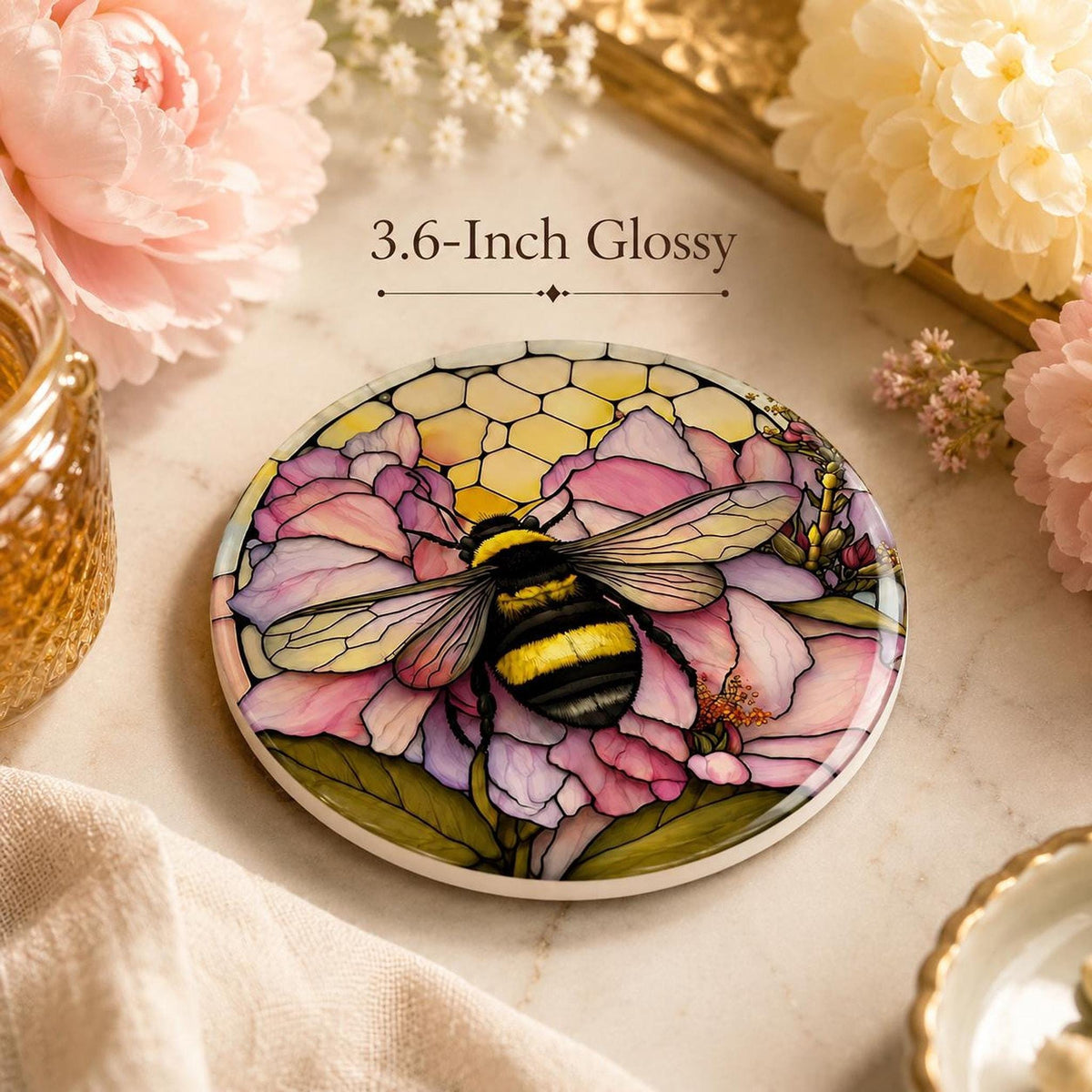Bumblebee Coaster, Ceramic Pink Floral Decor with Natural Cork Backing