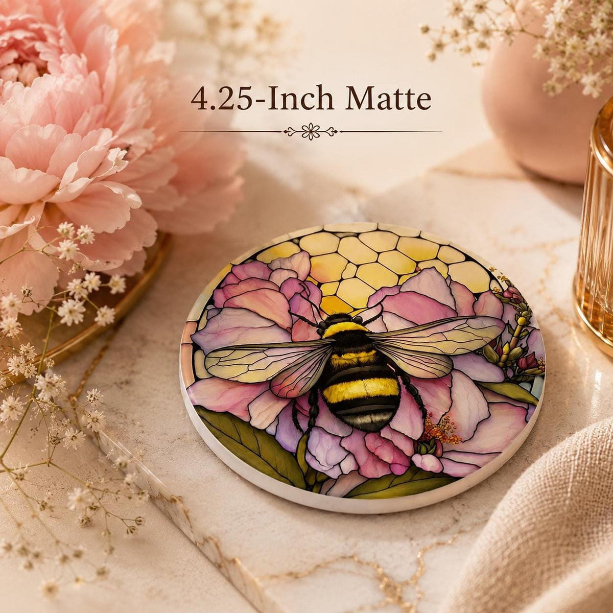 Bumblebee Coaster, Ceramic Pink Floral Decor with Natural Cork Backing