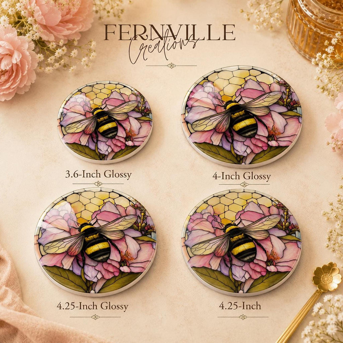 Bumblebee Coaster, Ceramic Pink Floral Decor with Natural Cork Backing