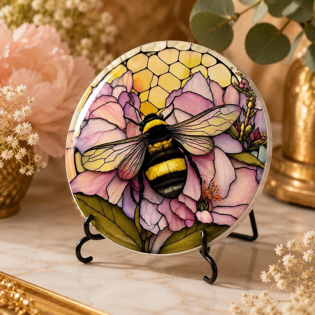 Bumblebee Coaster, Ceramic Pink Floral Decor with Natural Cork Backing
