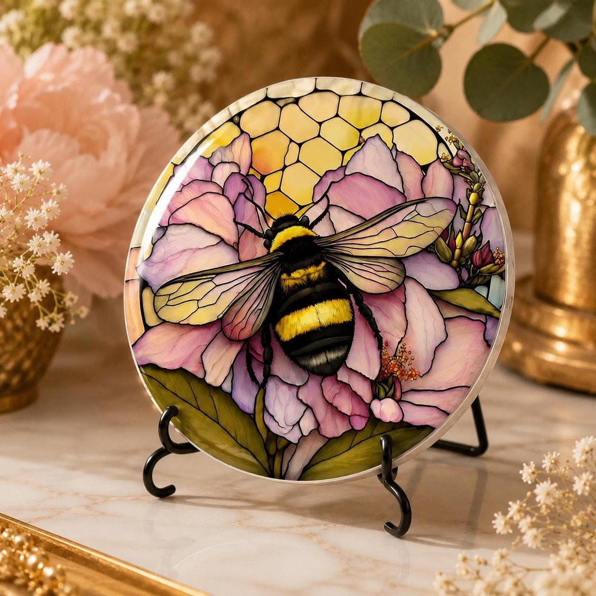 Bumblebee Coaster, Ceramic Pink Floral Decor with Natural Cork Backing