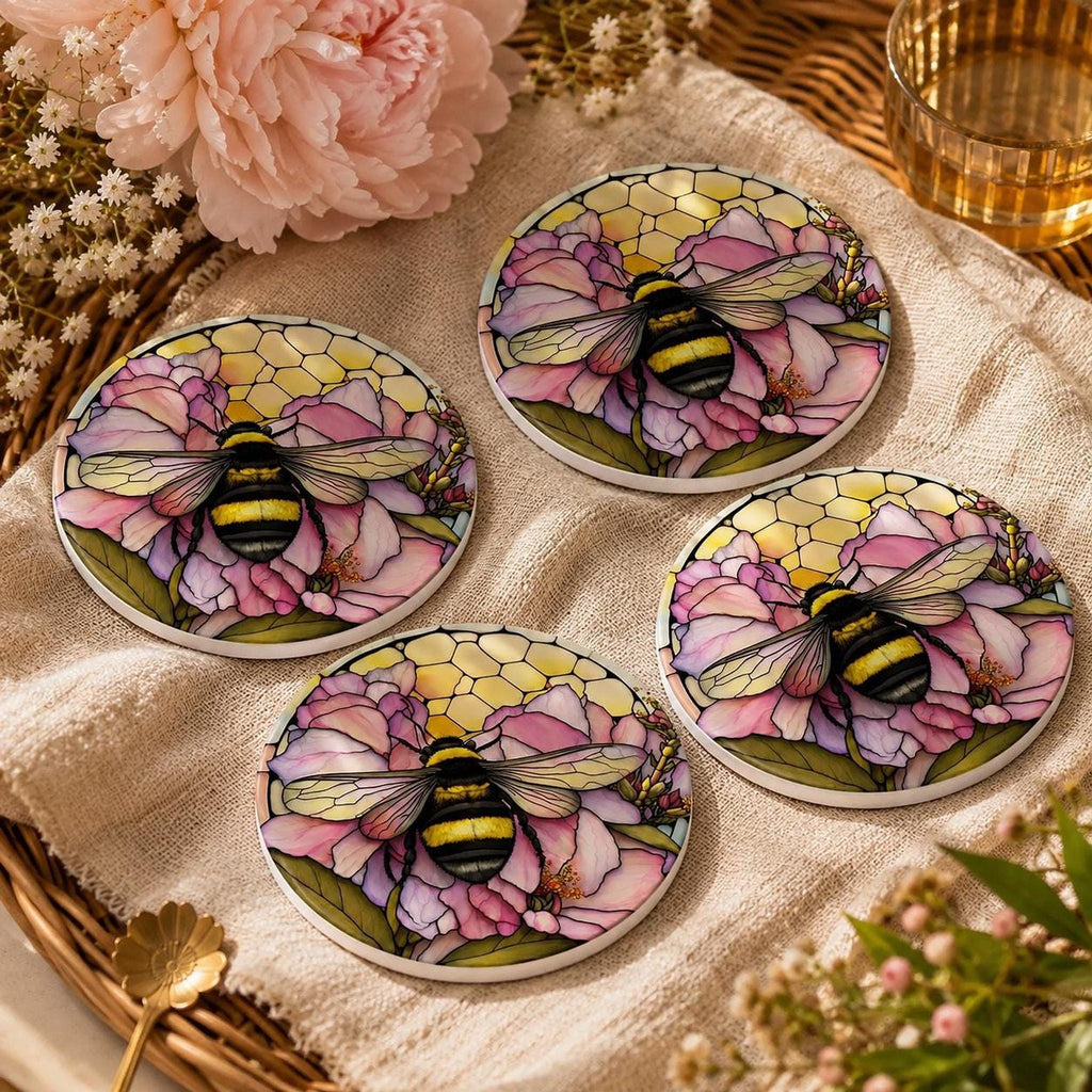 Bumblebee Coaster, Ceramic Pink Floral Decor with Natural Cork Backing