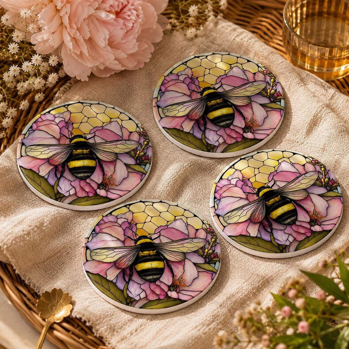 Bumblebee Coaster, Ceramic Pink Floral Decor with Natural Cork Backing