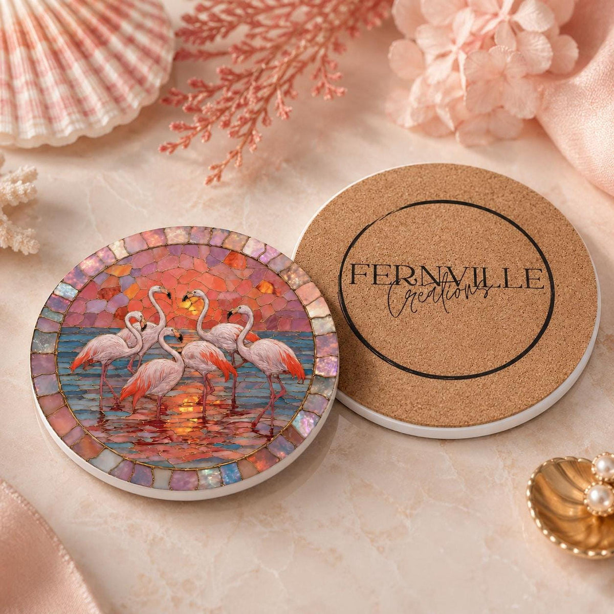 Ceramic Flamingo Coaster, Tropical Decor with Glossy or Matte Finish