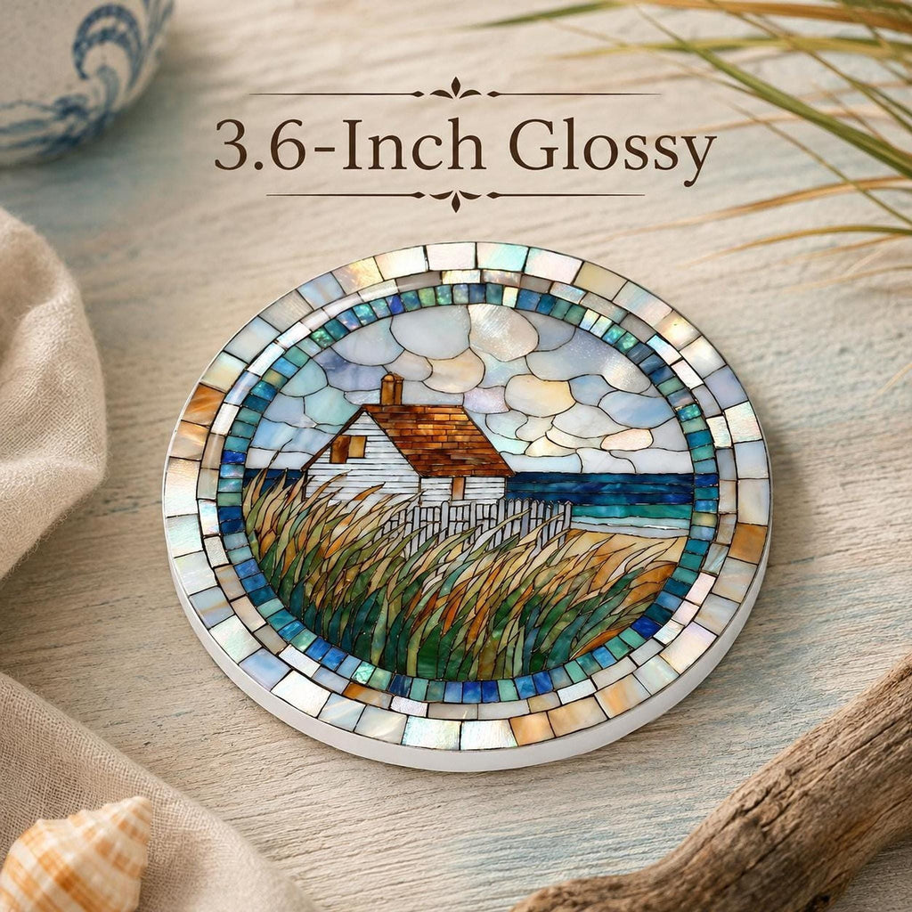 Coastal Coaster, Ceramic Round Accent with Seaside Cottage Artwork