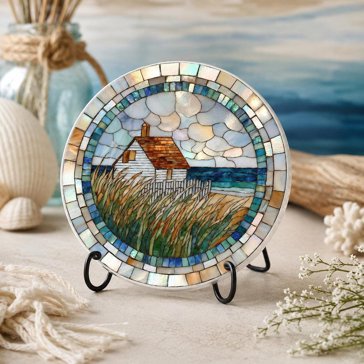 Coastal Coaster, Ceramic Round Accent with Seaside Cottage Artwork