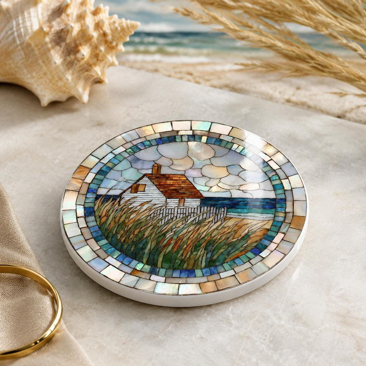 Coastal Coaster, Ceramic Round Accent with Seaside Cottage Artwork