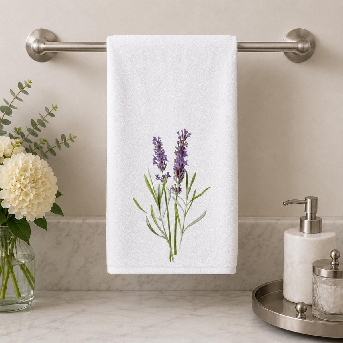Lavender Hand Towel, 15 × 25 Inch Botanical Print with Cotton Terry Back