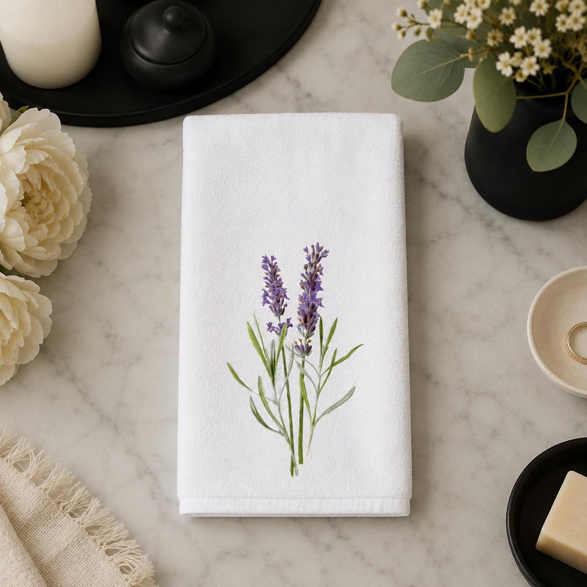 Lavender Hand Towel, 15 × 25 Inch Botanical Print with Cotton Terry Back