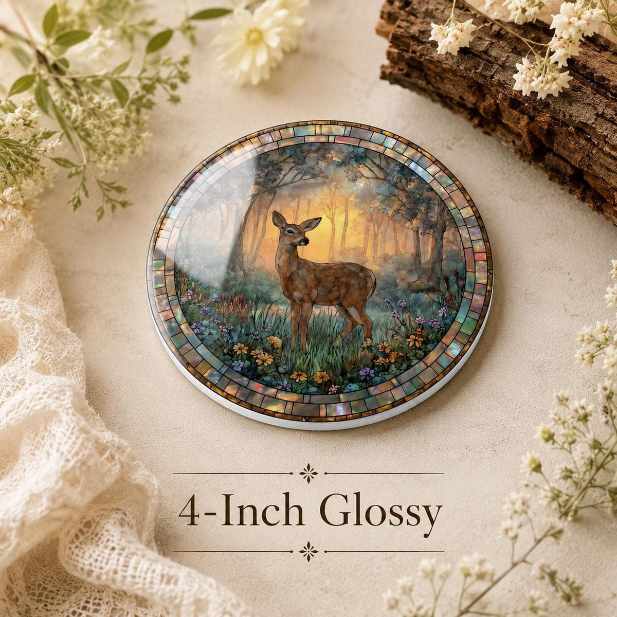 Deer Ceramic Coaster, Woodland Stained Glass Decor, Forest Wildlife Gift, Nature Home Accent