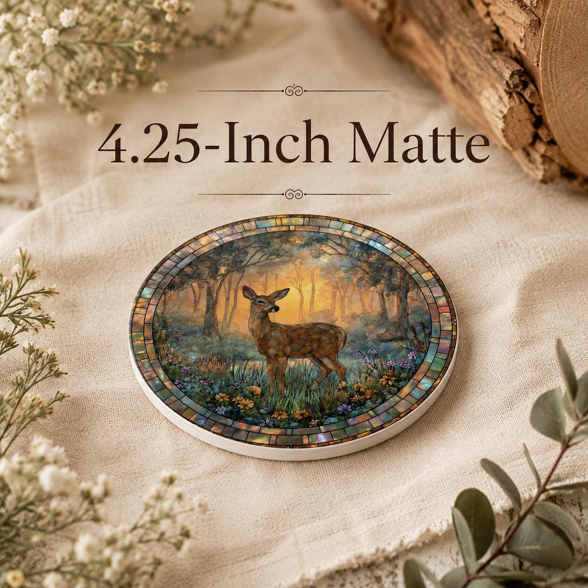 Deer Ceramic Coaster, Woodland Stained Glass Decor, Forest Wildlife Gift, Nature Home Accent