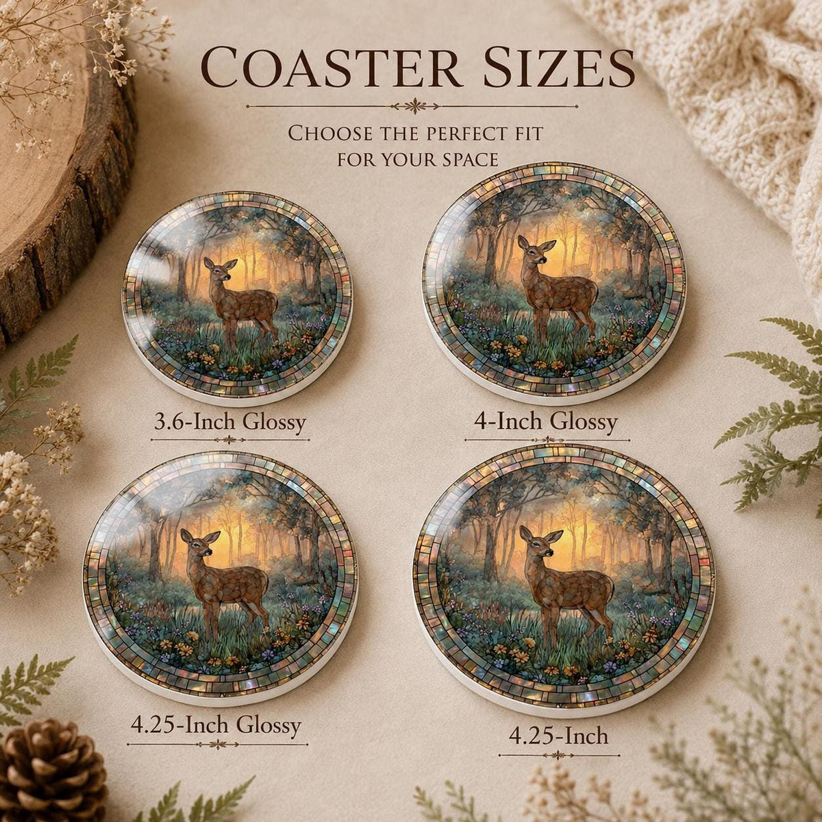 Deer Ceramic Coaster, Woodland Stained Glass Decor, Forest Wildlife Gift, Nature Home Accent