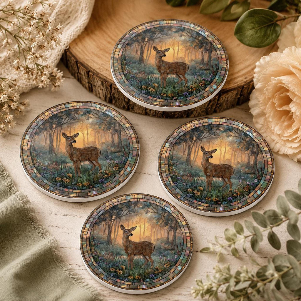 Deer Ceramic Coaster, Woodland Stained Glass Decor, Forest Wildlife Gift, Nature Home Accent