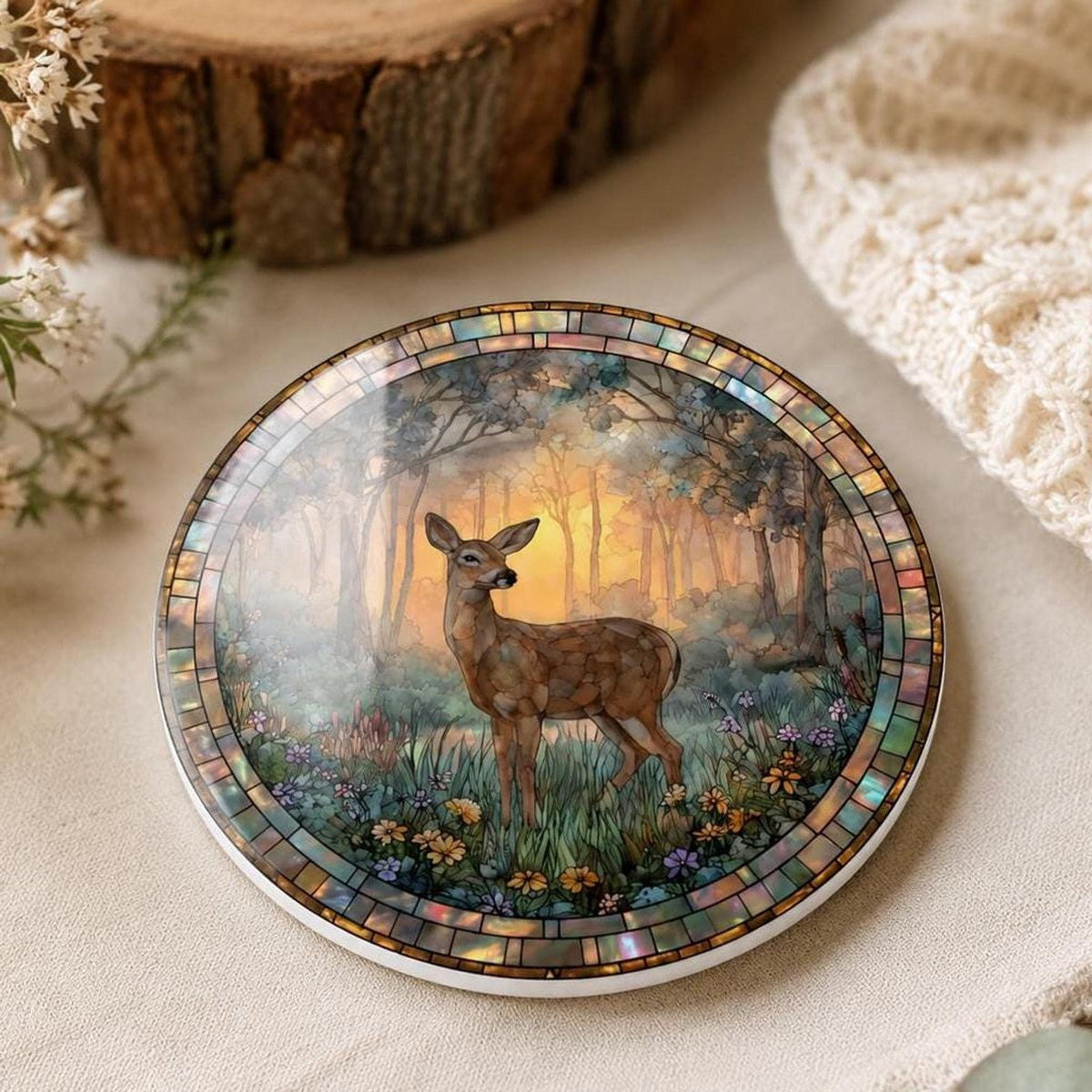 Deer Ceramic Coaster, Woodland Stained Glass Decor, Forest Wildlife Gift, Nature Home Accent