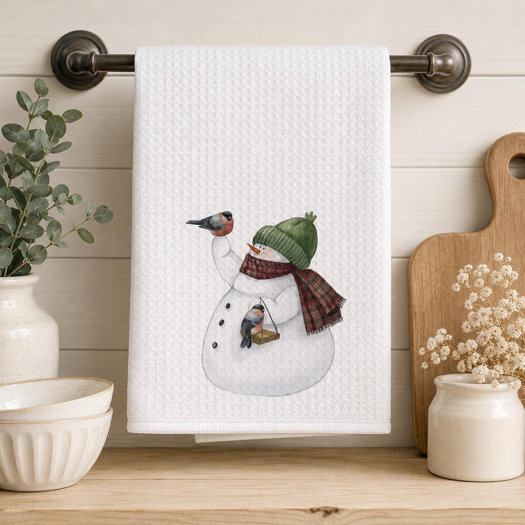 Snowman Kitchen Towel, Winter Bird Decor, Waffle Weave Dish Towel, Christmas Accent