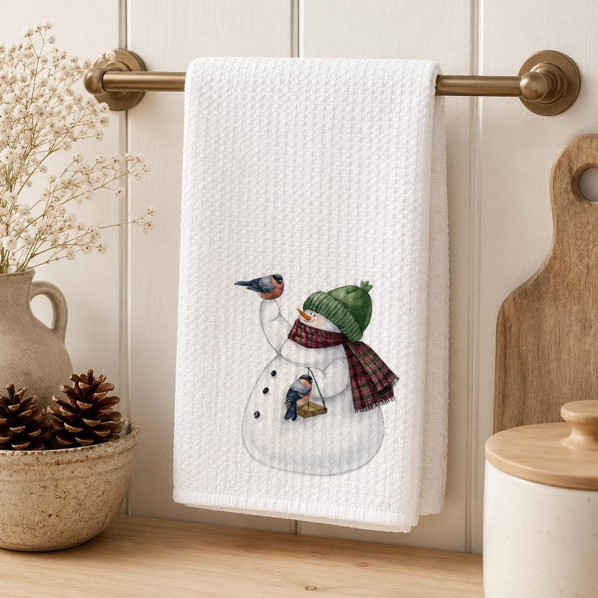 Snowman Kitchen Towel, Winter Bird Decor, Waffle Weave Dish Towel, Christmas Accent